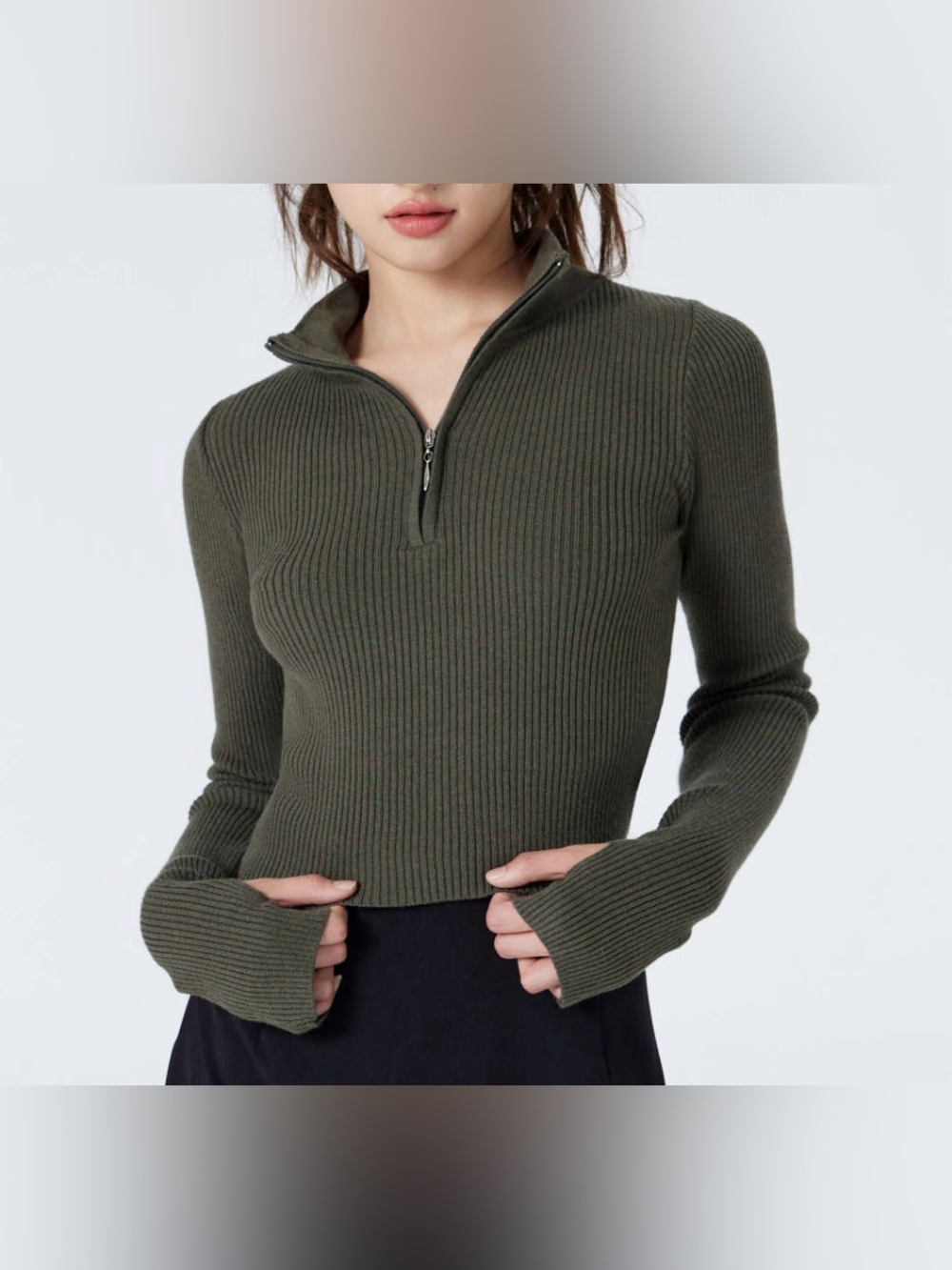 Ribbed Olive Green Long Sleeve Crop Top